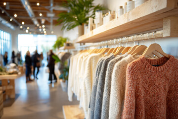 Sweater Display in Modern Store with Wooden Shelves and Natural Light – Retail Interior Photography.