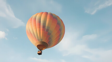 Fototapeta premium Soaring to New Heights: An awe-inspiring hot air balloon, emblazoned with vibrant colors, floats gracefully against a serene backdrop of an azure sky dotted with soft, fluffy clouds.