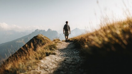 climbing. Solo hiker on mountain trail during golden hour, with blurred mountain backdrop. tourism brochures, itinerary planners, designed for hospitality marketing for hotel rooms and spa retreats.