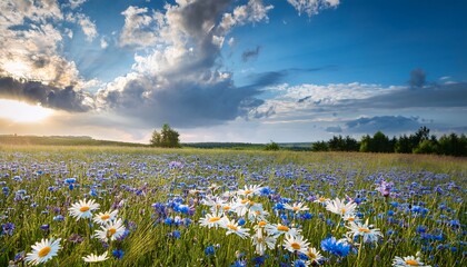 White Daisies And Blue Cornflowers Bloom In A Sunlit Meadow Under A Cloudy Sky Image