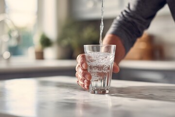 Refreshing hydration: Person filling a glass with pure water in modern kitchen