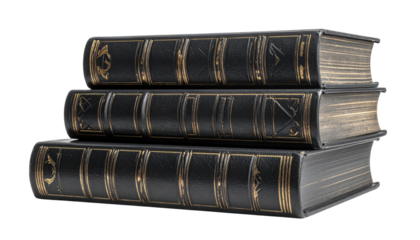 A stack of three vintage black leather-bound books with gold detailing.