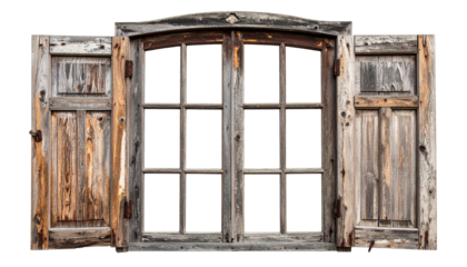 A weathered wooden window with two open shutters, showcasing distinct textures and rustic charm.