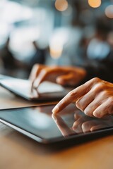 Digital engagement: fingers navigating tablets for seamless workflow and connection