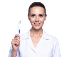 A smiling woman in a white coat holds a toothbrush, promoting dental hygiene and care with a confident expression.