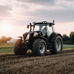 Obraz premium Powerful modern black farm tractor, heavily built on tilled soil at sunset, in a rural field