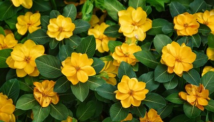 Yellow Flowers With Green Leaves On A Plant Viewed From Above For Nature Background
