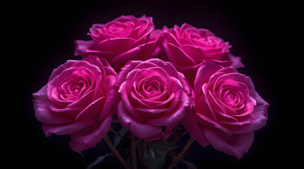 Crimson Bloom: A collection of vibrant pink roses in full bloom. They stand elegantly against a contrasting backdrop, their velvety petals displaying a spectrum of rich hues.