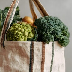 Sustainable grocery shopping: fresh produce in reusable tote bag for healthy living