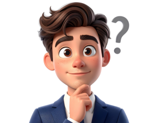 Firefly_3D cartoon businessman thinking with question mark above his head, corporate decision