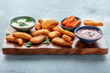 Chicken nuggets with fresh vegetables and dips, on a wooden board. Tasty dinner