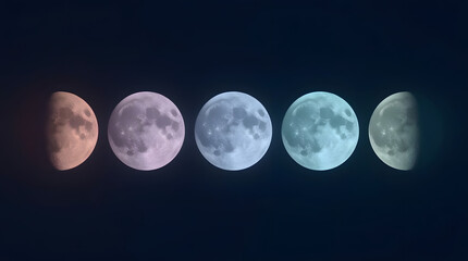 Obraz premium Moon Phase Sequence: A striking visual of the moon's phases, each phase illuminated against a deep indigo sky, showcasing the ethereal beauty of celestial mechanics.