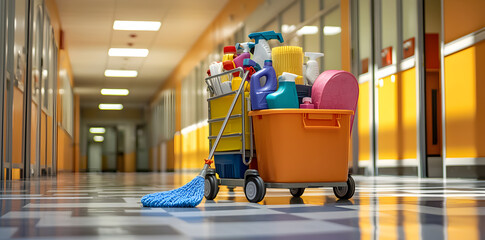 School hallway with janitorial cart carrying mop, bucket, and assorted cleaning products, custodial supplies symbolizing hygiene, sanitation, and building maintenance in an educational facility