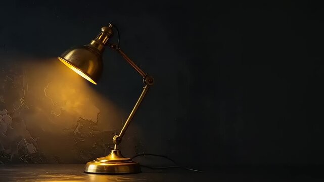 Elegant desk lamp illuminated on dark background with copy space