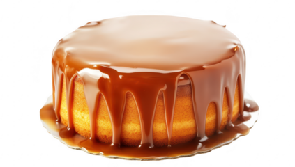 A beautifully crafted caramel cake with a glossy. dripping caramel glaze. placed on a reflective surface. its smooth texture and inviting appearance. perfect for dessert menus or baking blogs