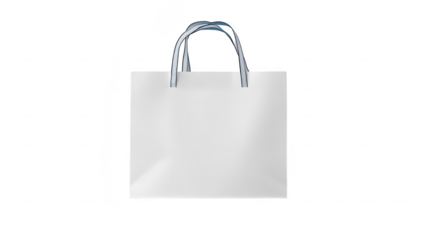A minimalistic. empty white shopping bag with blue handles displayed against a clean. light gray background. symbolizing simplicity and consumerism in retail settings