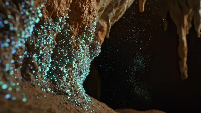 Bioluminescent Glow Worms Illuminate Dark Cave Wall with Sparkling Lights