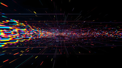 Digital Stream of Data: a dynamic abstract image of a data stream with lines of light, representing the flow of information and technology's impact.