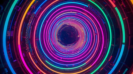 Vibrant Neon Tunnel: Hypnotic rings of multi-colored neon light, a visual journey through technology and innovation, create a dynamic tunnel that pulls you in, sparking the imagination.