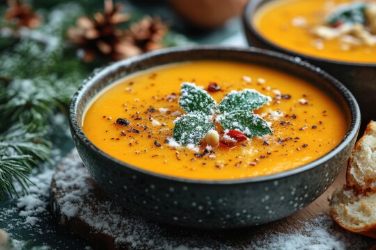 bowls of butternut soup served with bread and a tablespoon of spices.
