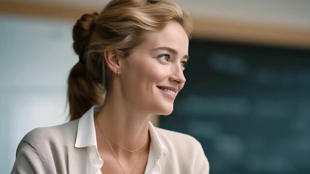 female MBA graduate explaining corporate social responsibility case study to class soft projector hum respectful attention three quarter wide angle cinematic color correction gen