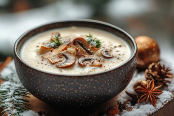 Bowl of soup with mushrooms and spices.