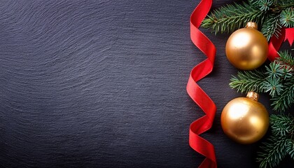 Gold Christmas Baubles On Red Ribbons With Evergreen Fir Branches On Slate