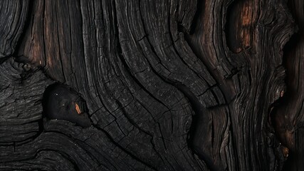 Abstract macro of a dramatic burnt black wood texture with cracked charcoal patterns, a unique and intense dark background.