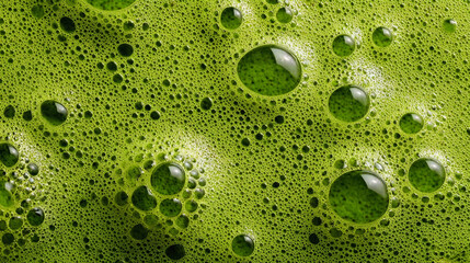 The image features a close up view of a liquid with a vibrant, light green hue. Tiny bubbles densely cover the surface, creating a foamy appearance