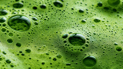This close up image shows a sea of bright green, frothy liquid. The surface is densely covered in tiny bubbles, creating a textured effect