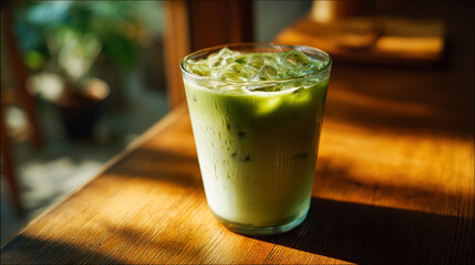 The image focuses on a clear glass filled with a light green beverage and ice, placed on a wooden surface