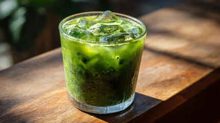 The focal point is a glass filled with a vibrant green liquid and ice cubes, placed on a wooden surface. The glass has condensation on its exterior, indicating that the beverage inside is cold