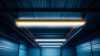 Modern LED tube bulbs mounted on garage ceiling, glowing at night with clear illumination, efficient energy-saving lamps ideal for industrial, workshop, or residential lighting and utility purposes