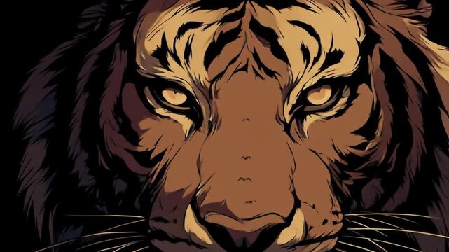 Tiger illustration with golden eyes on black background