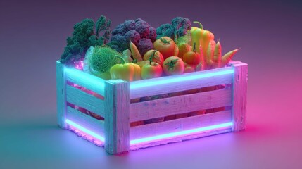 an illuminated crate of assorted vegetables, with vibrant purple and blue neon lights accentuating its contents, set against a dark background