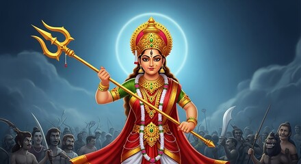 Fototapeta premium Divine Goddess Durga Wielding Trident Against a Hostile Crowd