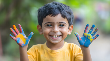 A beautiful, happy boy with painted hands, expressing creativity.