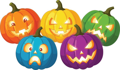 Fototapeta premium Colorful halloween pumpkins with different facial expressions, perfect for spooky season decorations and designs