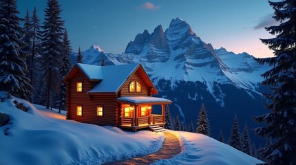 A cozy wooden cabin with warm lights, surrounded by snowy mountains and pine trees at night.