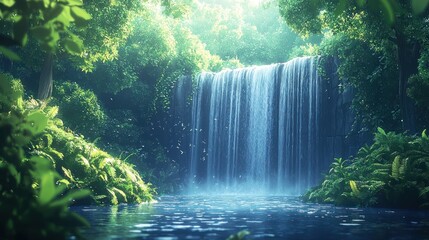 Lush waterfall cascading into tranquil pool in dense rainforest.