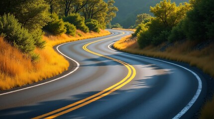 A winding road surrounded by lush green trees and golden vegetation.