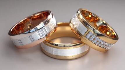 a set of three gold rings with a unique, faceted design and a translucent amber like stone at the center