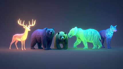 a whimsical scene features a group of diverse animated characters, including bears, deer, and other animals, in vibrant neon colors against a dark background