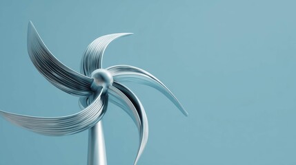 a modern metal wind turbine with three distinct blades against a blue sky backdrop