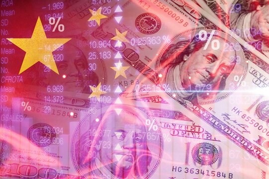 United States government tariff China, flags and money