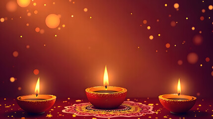 Three Lit Diyas Against a Warm Bokeh Background