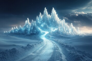 Road cutting through snowy mountain.