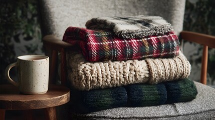 Cozy retreat with rustic charm: Blankets and a mug of warm beverage on an armchair