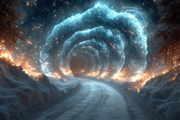 Fire blazing from tunnel entrance.