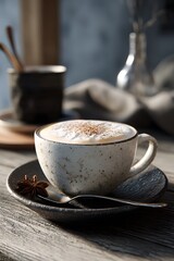 Steamy cappuccino with spices on wooden table in a cozy rustic setting